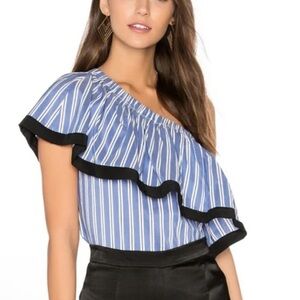 Milly one shoulder striped ruffled cropped top blue 37955